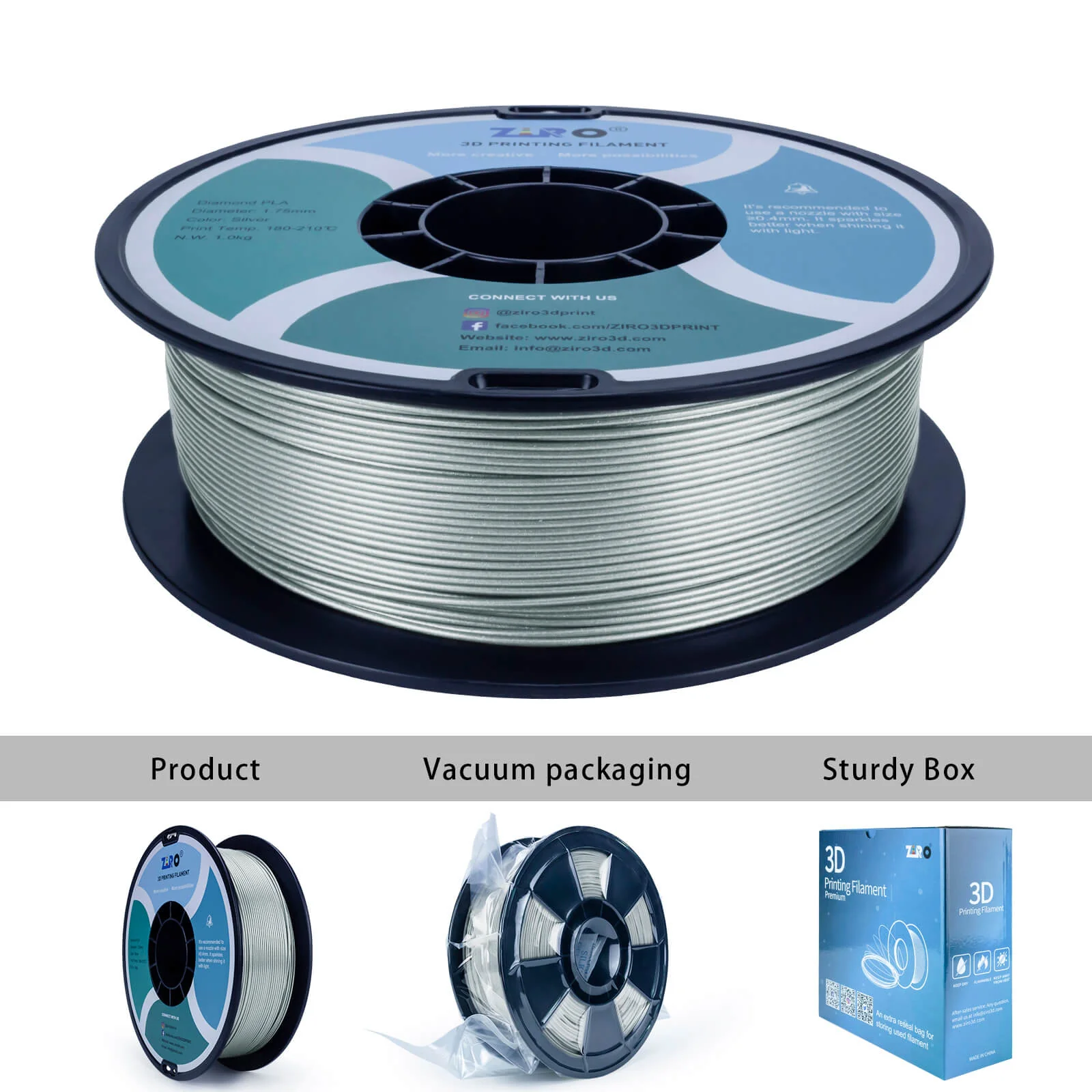 ZIRO Glitter Diamond PLA Filament 1.75mm, Silver - Image 10