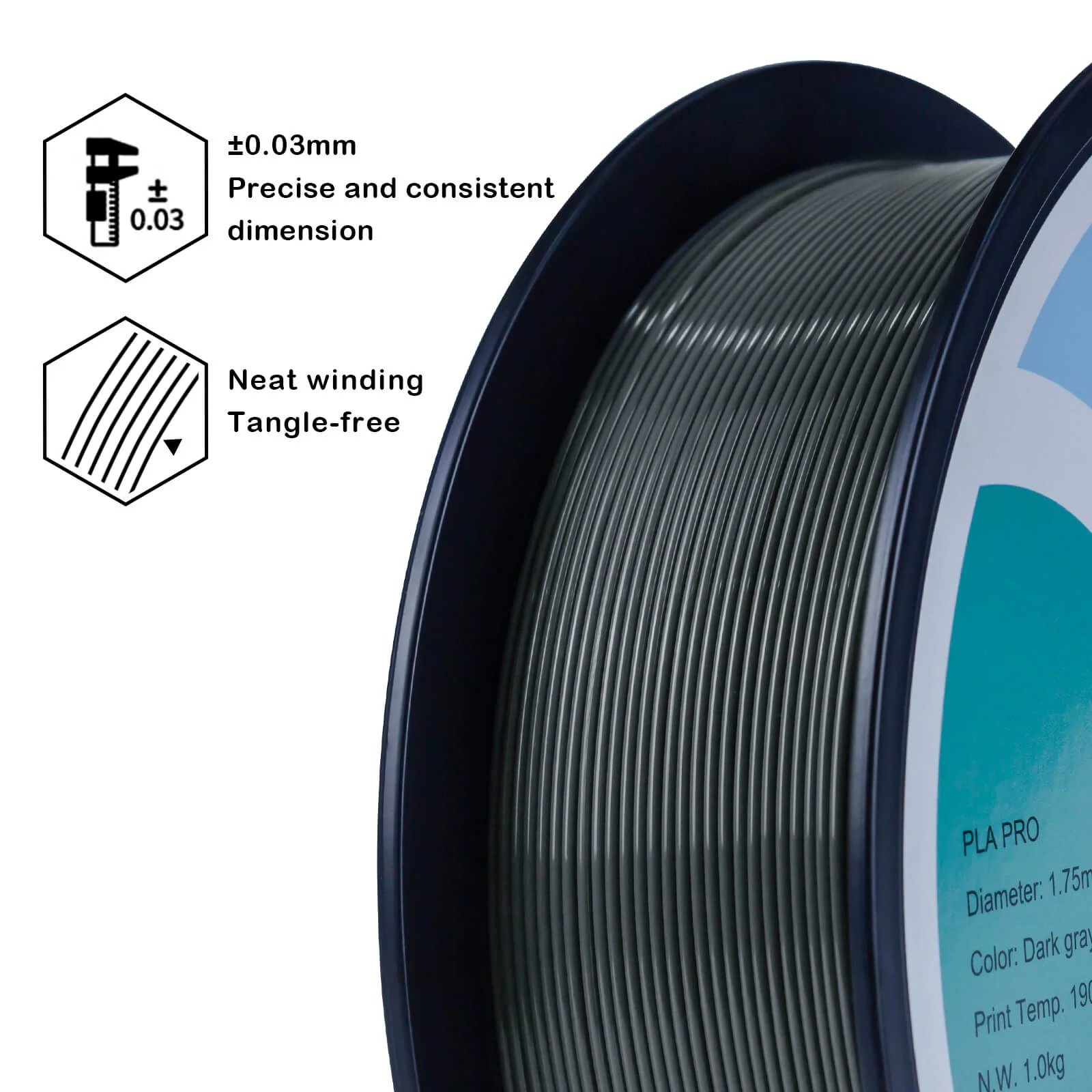 ZIRO PLA PRO Basic Color Series Filament 1.75mm, Dark Gray - Image 5