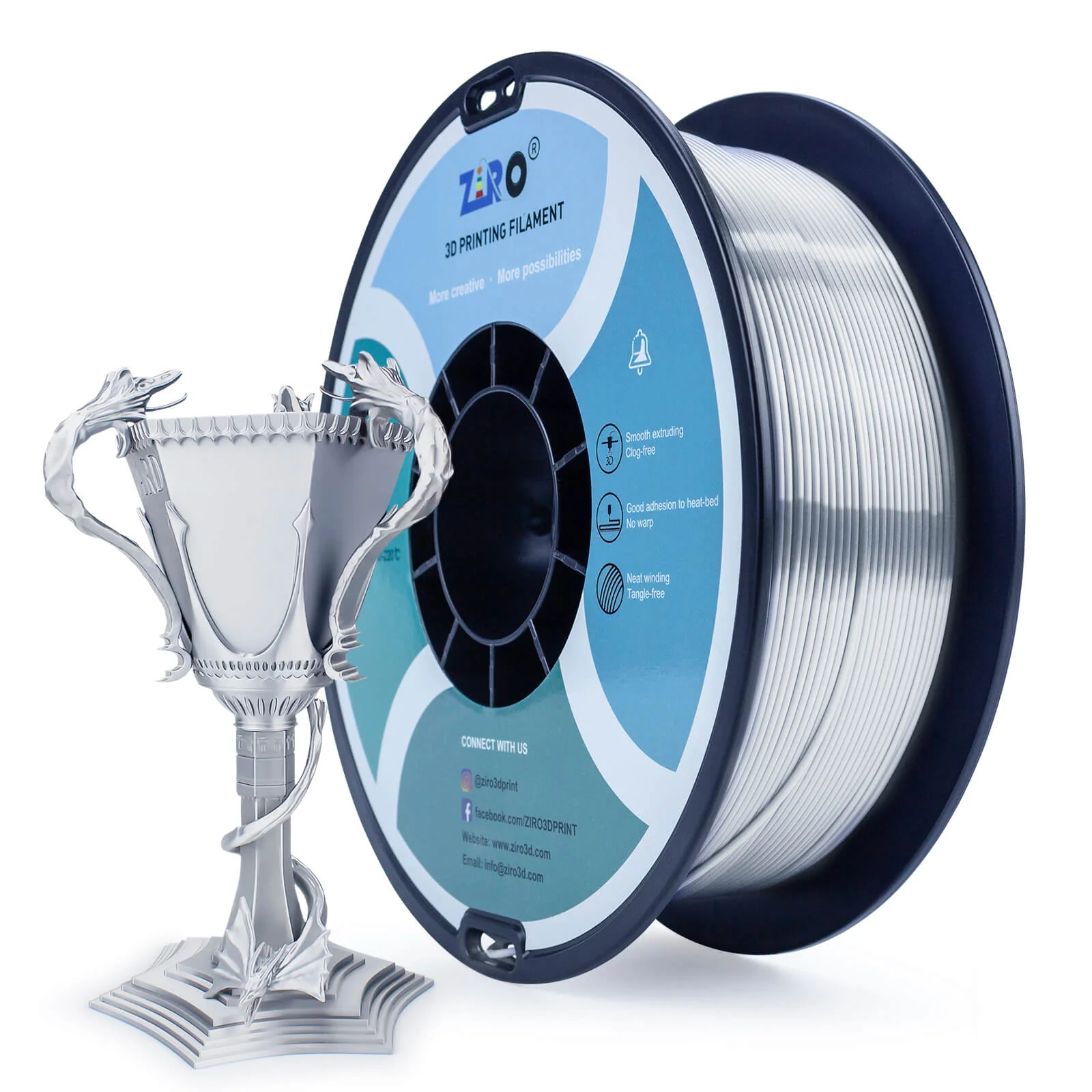 ZIRO Silk PLA Filament 1.75mm, Silver - Image 4