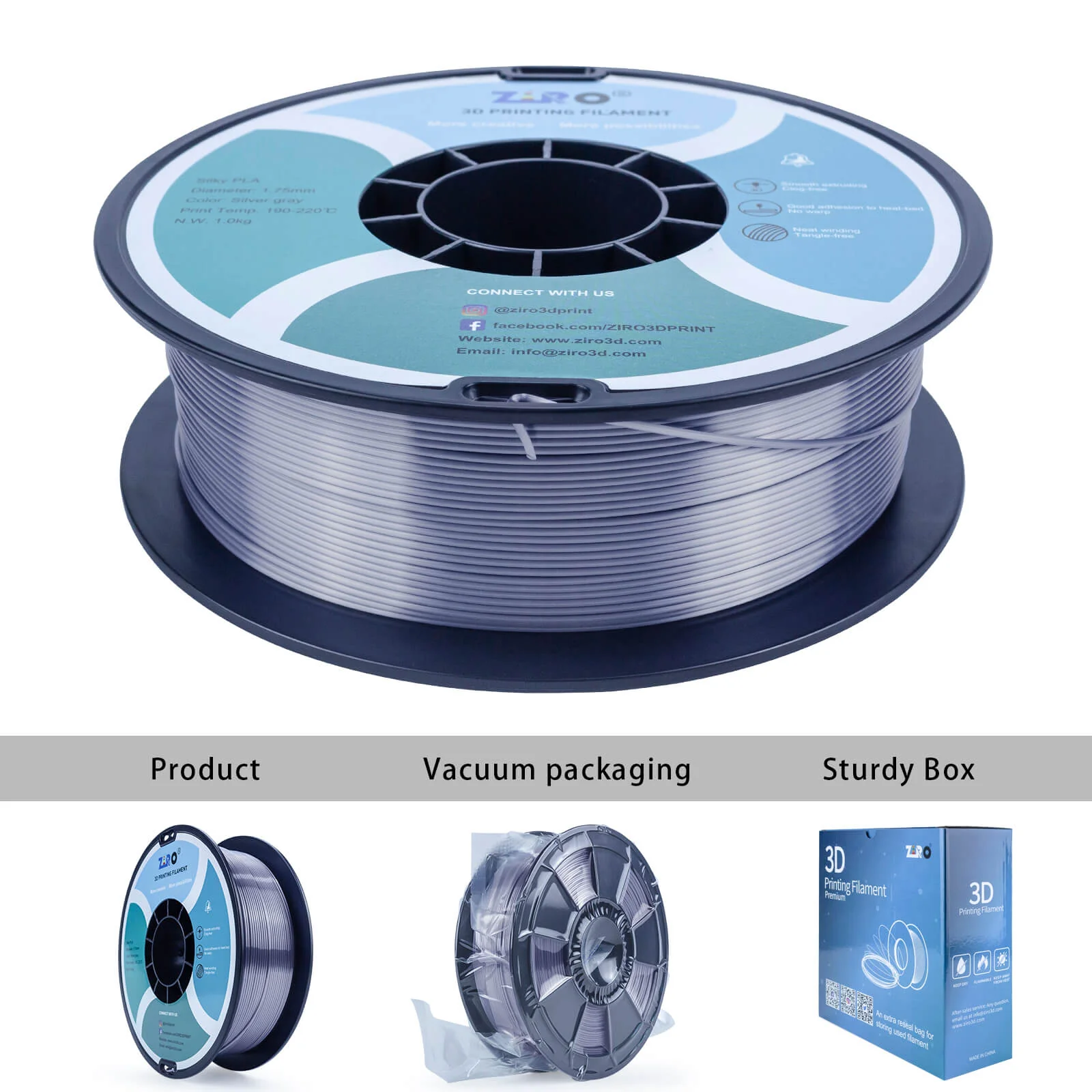 ZIRO Silk PLA Filament 1.75mm, Silver Gray - Image 6
