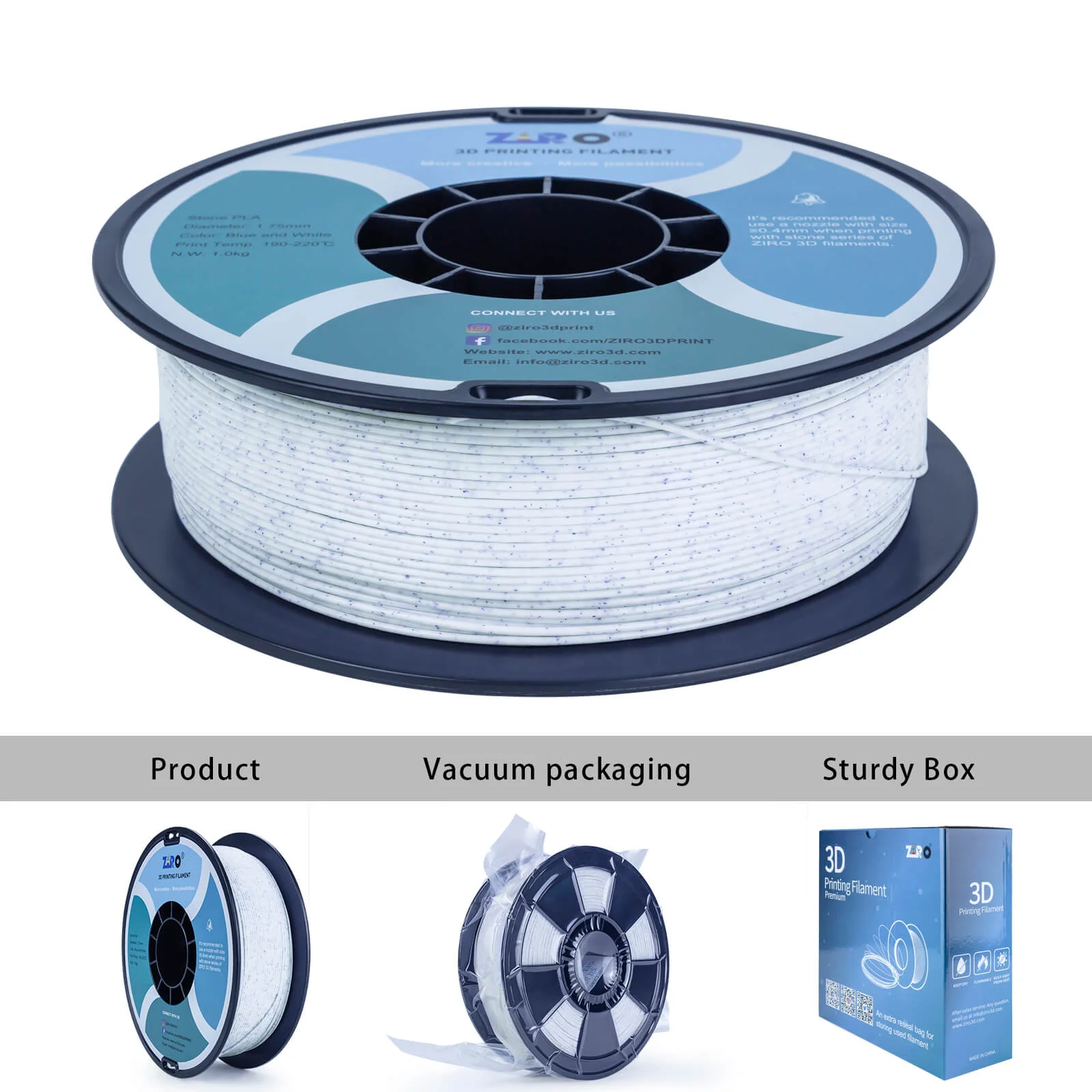 ZIRO Stone PLA Filament 1.75mm, Blue and White - Image 8