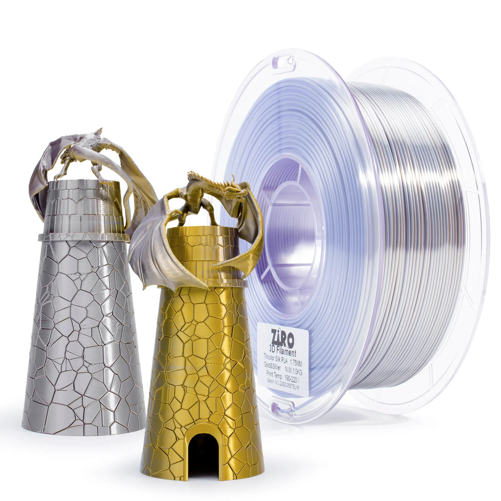 ZIRO Tri-color Silk PLA Filament 1.75mm, Gold & Silver - Image 5