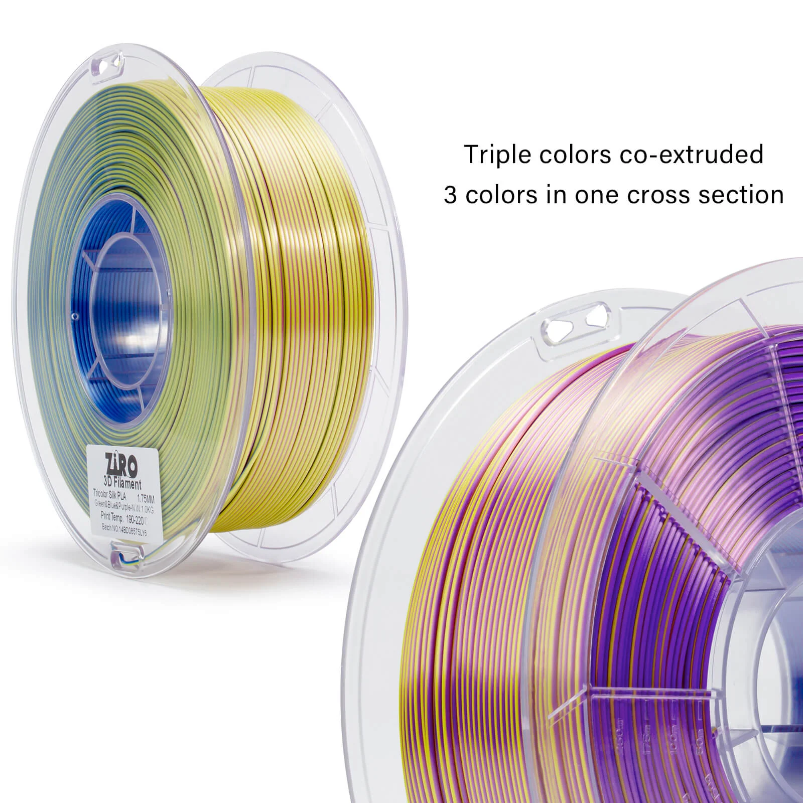 ZIRO Tri-color Silk PLA Filament 1.75mm, Green & Blue & Purple - Image 4